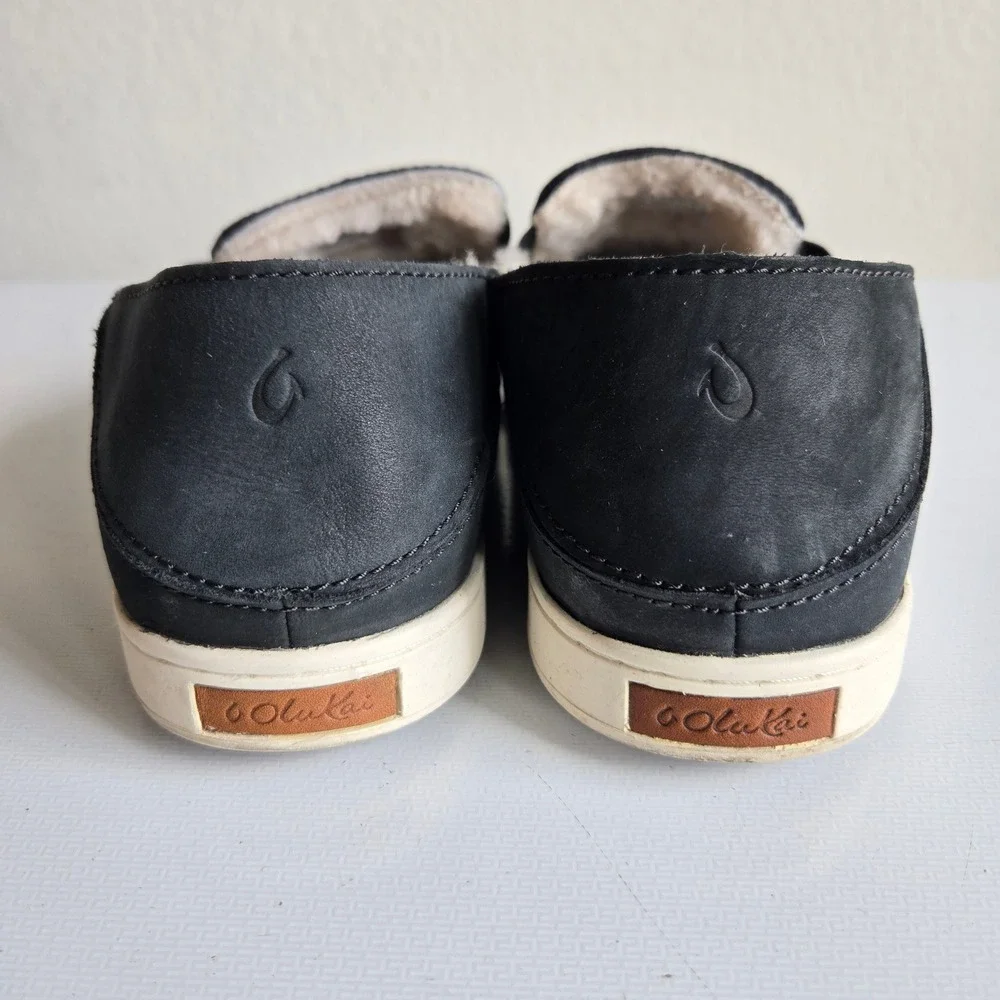 Olukai Pehuea Heu Black Leather Shearling Lined Slip On‎ Sneakers Womens 8 20391